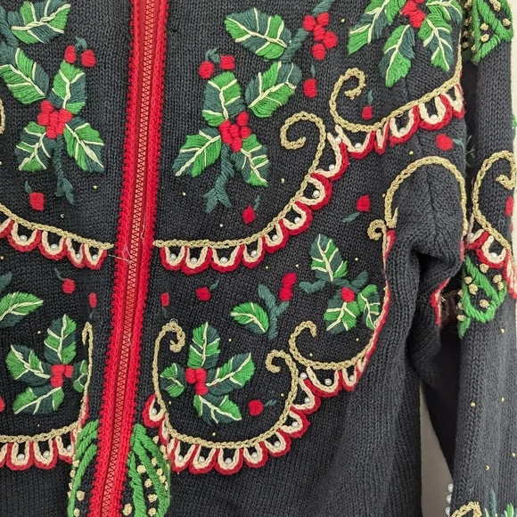 Vintage 90s Ugly‎ Christmas Embroidered Holly Sweater 3D - Picture 5 of 14
